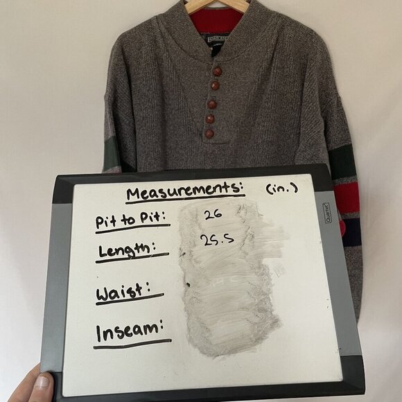 Vintage Lands End Mens Knit Sweater L 42-44 Gray Red Green Striped Wool Cotton B - Picture 6 of 7